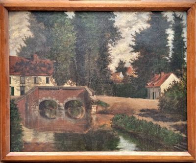 an oil painting of a bridge over a river with houses in the background