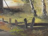 a painting of a tree and a fence in a field