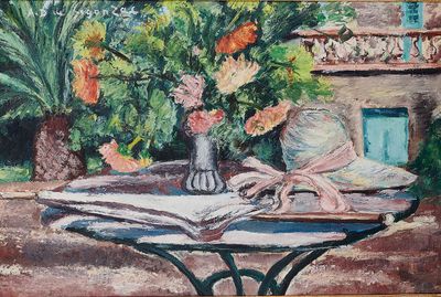 un tableau représentant une table sur laquelle sont posés des fleurs et un livre