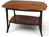 a wooden table with a shelf on top of it on a white background