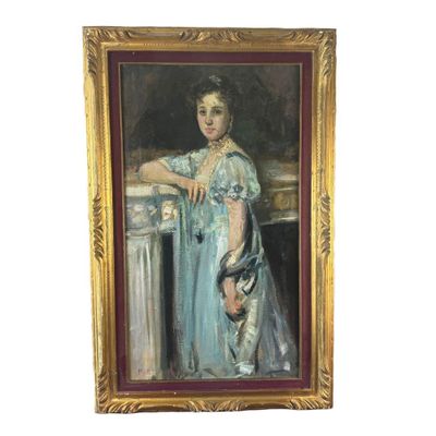 tableau représentant une femme en robe bleue appuyée contre une table