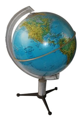 a small blue globe on a metal stand on a white background