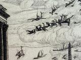 drawing of a flock of birds flying in the sky over a building
