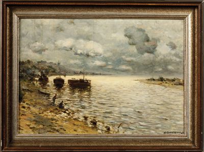une image représentant un tableau montrant des bateaux sur l'eau près d'une rive