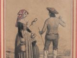 painting of a man and a woman holding hands in a field