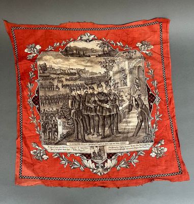 une image représentant un tissu rouge et blanc orné d'un dessin représentant des hommes