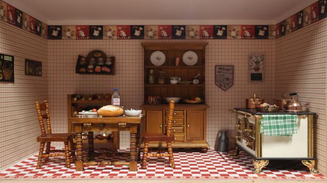 Diorama. Composition miniature, dans une vitrine en bois, vitre e...