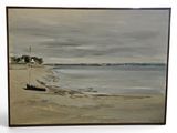 a painting of a boat on the beach by the water