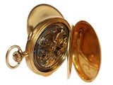 a gold pocket watch inside of it on a white background