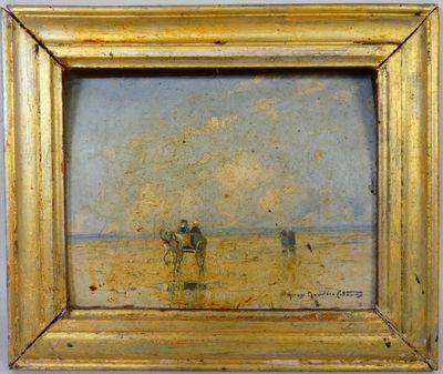 une peinture à l'huile représentant un homme à cheval sur une plage