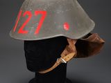 a close up of a helmet on a mannequin head