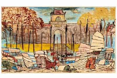 painting of boats in a harbor with a clock tower in the background