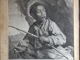 an old black and white drawing of a young boy with a sword