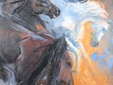 painting of a man riding a horse with a horse in the background
