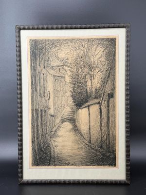 une image représentant un dessin d'une rue étroite avec des arbres en arrière-plan