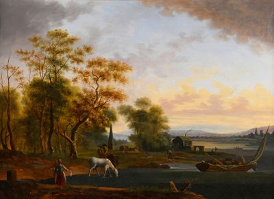 un tableau représentant un paysage fluvial avec des personnages et des chevaux