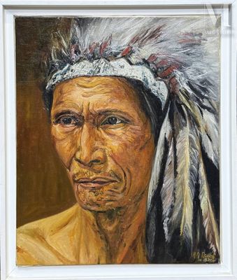 une peinture à l'huile représentant un homme coiffé d'une coiffe à plumes