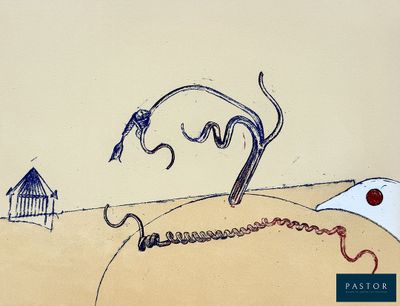 a drawing of a bird and a birdhouse on a hill