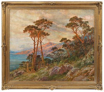 un tableau représentant un paysage avec des arbres et un plan d'eau