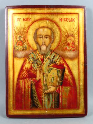 une icône représentant saint Nicolas le Grand tenant un livre