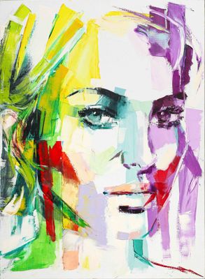 un tableau représentant le visage d'une femme, aux couleurs vives