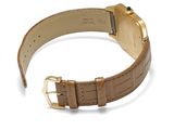 an image of a gold watch with a brown leather strap