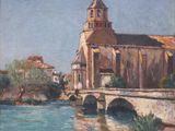 painting of a church and bridge over a river in a town