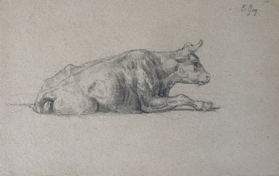 a drawing of a cow laying down on the ground