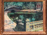 an oil painting of a bridge over a pond with a bridge in the background