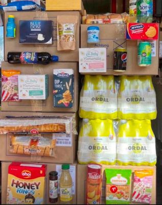 many boxes of food that are stacked on top of each other