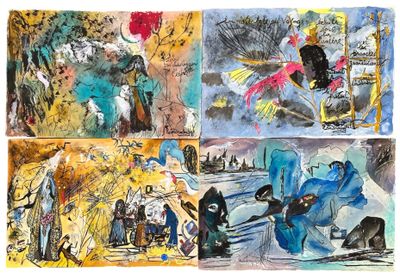 quatre tableaux représentant des personnages de différentes couleurs et tailles sur fond blanc