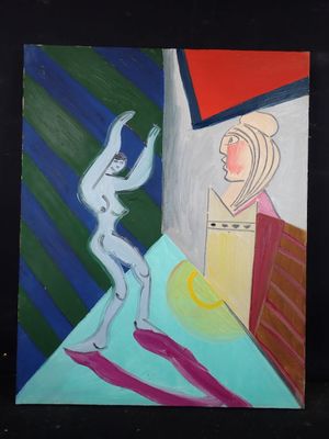 un tableau représentant une personne debout dans une pièce