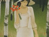 a painting of a woman in a white dress and hat holding flowers