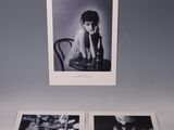 two black and white photographs of a woman sitting at a table