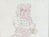 drawing of a woman with pink hair holding a banana in her right hand