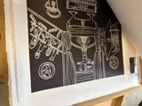 a black and white drawing on the wall of a room