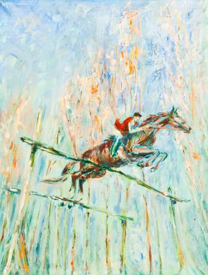 an oil painting of a horse and rider jumping over a jump