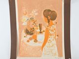tableau représentant une femme avec un vase de fleurs posé sur une table