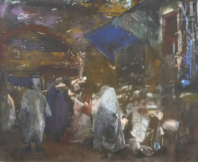 tableau représentant un groupe de personnes debout sur un marché, munies de parapluies