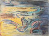 an image of a painting of a bird flying over a body of water