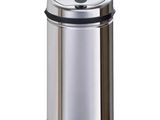 a close up of a stainless steel trash can on a white background