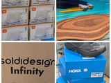 collage de photos représentant diverses paires de chaussures et des cartons de chaussures dans un magasin
