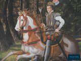 a painting of a man riding a horse in the woods