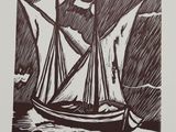 drawing of a sailboat in the ocean with a cloudy sky