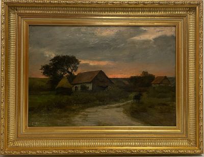 une image représentant un tableau représentant une scène de vie à la ferme, avec une vache au premier plan