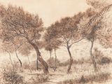 dessin représentant un paysage avec des arbres au premier plan et un ruisseau au premier plan