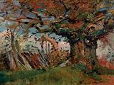 une peinture à l'huile représentant un arbre dans un champ, avec le ciel en arrière-plan