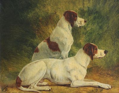 tableau représentant deux chiens assis par terre devant un buisson
