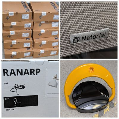 quatre photos différentes montrant un tas de cartons et un carton contenant divers objets