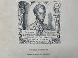 an old book with a picture of a man holding a sword
